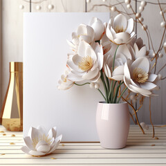 mockup of greeting card with white tulip flowers copy space