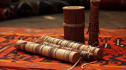 Two sticks delicately perched on a colorful woven rug