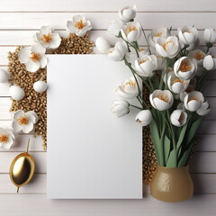 mockup of greeting card with white tulip flowers copy space