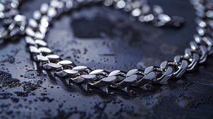 Elegant 925 sterling silver cuban chain link on a background surface showcasing a luxurious design and reflective quality. Product design inspiration for jewelry - obrazy, fototapety, plakaty