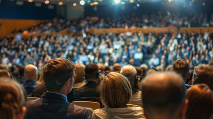 Rear view of Audience in the conference hall or seminar meeting which have Speakers