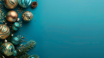A captivating turquoise blue background with festive ornamentson the left side.