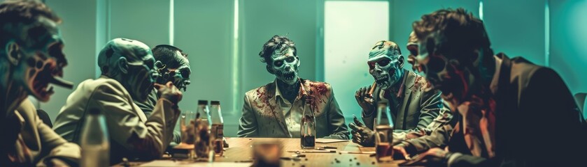 Group of zombies dressed in business attire having a meeting around a conference table, a creative twist on team collaboration - obrazy, fototapety, plakaty