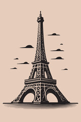 Eiffel Tower. Paris. Beautiful vintage engraving illustration, emblem, icon, logo. Black lines	