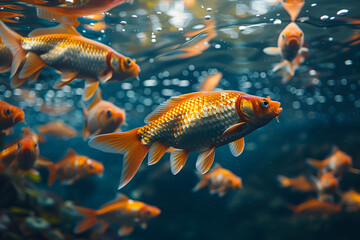 A group of fish swimming in a pond,
Aquatic beauty crucian carp river fish in its natural habitat
