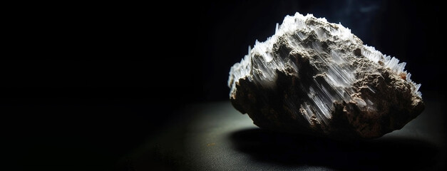 Epsomita is a rare precious natural stone on a black background. AI generated. Header banner mockup...