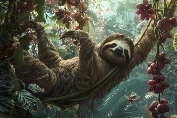 Fototapeta premium Imagine a world where sloths, known for their meticulous hanging techniques, become masters of airdrying techniques, creating unique jerky flavors from a variety of exotic fruits and insects