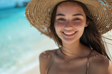 Joyful Woman in Hat Smiling on Tropical Beach