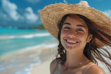 Happy Young Woman with Straw Hat on Beach