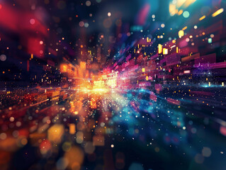 A colorful, blurry image of a cityscape with bright lights and a lot of motion