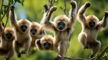A playful group of monkeys swinging and hanging from branches in a dense jungle