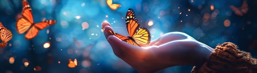 Language learning became a game, with students translating sentences by catching virtual butterflies with glowing words on their wings - obrazy, fototapety, plakaty