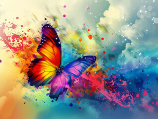 A colorful butterfly with a splash of paint on its wings