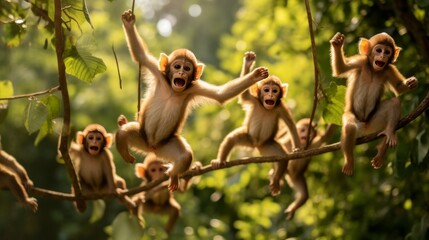 A group of monkeys gracefully sit atop a tree branch, enjoying the height and view