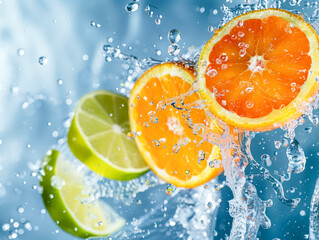A splash of water with a lime and an orange