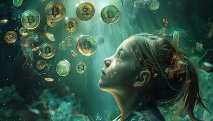The contrast of the digital currency floating over the innocence of a childs head - obrazy, fototapety, plakaty
