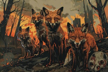 Fototapeta premium Through a strange twist of evolution, a family of foxes has developed a resistance to the zombie virus, living amongst the undead and scavenging for scraps the zombies leave behind
