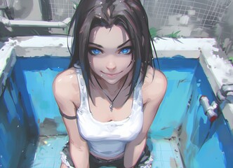 a cheeky teenage girl in an old bathtub. digital art style, illustration painting, anime aesthetic. generative AI