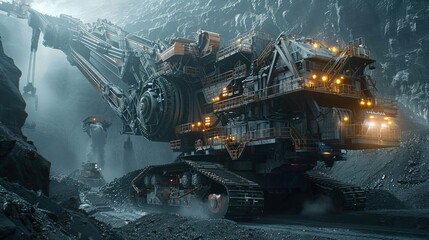 Mechanical behemoths carving through earth layers in a display of power and human engineering in mining operations