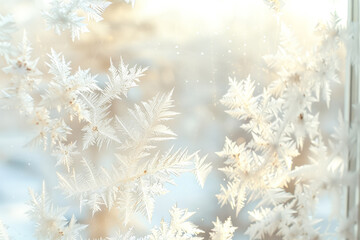 Naklejka premium A close up detail of delicate, crystalline structures of the frost snowflake pattern on glass or window on a winter day.