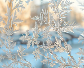 A close up detail of delicate, crystalline structures of the frost snowflake pattern on glass or window on a winter day.