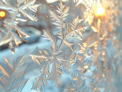 Fototapeta A close up detail of delicate, crystalline structures of the frost snowflake pattern on glass or window on a winter day.
