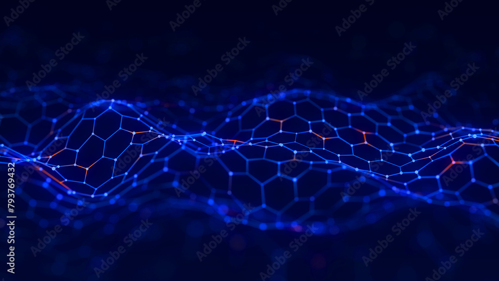 Poster Digital dynamic cyber wave. Abstract futuristic hexagon background with dots and lines. Big data visualization. 3D rendering.