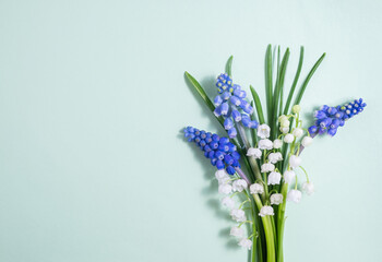 Flat lay from convallaria and muscari on a light blue background. Top view, copy space