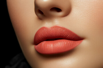 Woman's lips with coral matte lipstick close-up