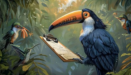 Obraz premium With a clipboard in his feathery hand, a sternlooking toucan executive delegated tasks to his team of efficient hummingbird assistants