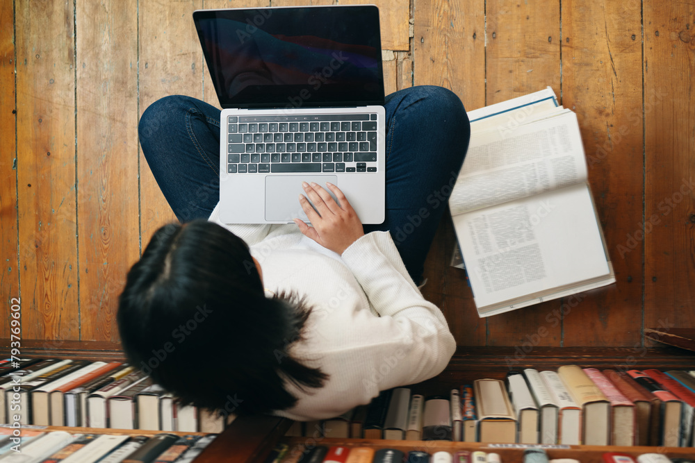 Poster Student, laptop and books in library studying for education, learning and research or planning assignment. Woman, notebook and tech working on project for university, exam and test above or top view
