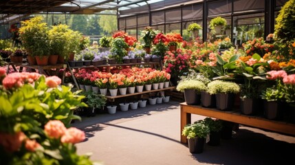 A variety of colorful flowers blooming in a vibrant greenhouse setting