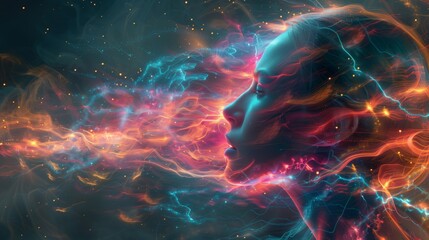 Poster of Digital woman head with space fire, Artificial Intelligence concept. Abstract illustration of a head with glowing and fire shining, machine learning. Mental health care, ezoteric theme - obrazy, fototapety, plakaty