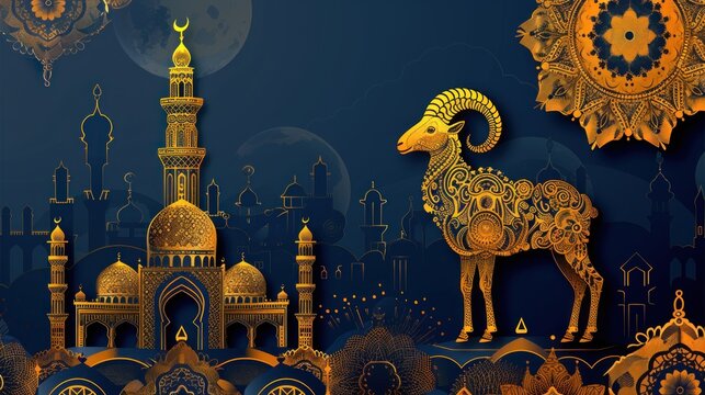 Create your personalized Eid al Adha wishes with this captivating goat design: Ornamental mosque silhouette, intricate motifs, and captivating colors, providing blank space for message