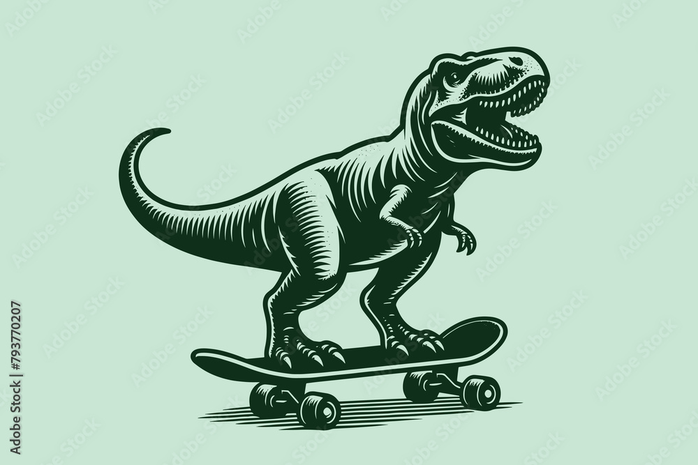 Wall mural Tyrannosaurus on a skateboard. Funny. Vintage retro engraving illustration. Black icon, isolated element	