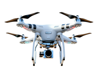 A flying drone isolated on transparent background.