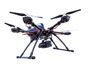 A flying drone isolated on transparent background.