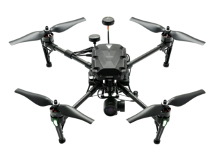 A flying drone isolated on transparent background.