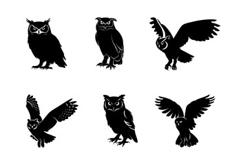 set of owl silhouettes on isolated background