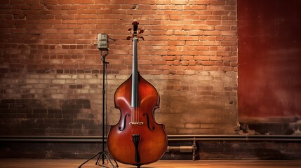 A cello rests gracefully on a wooden floor next to a microphone, ready for a musical performance