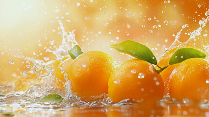 Freshness oranges with green leaves in splashing water background