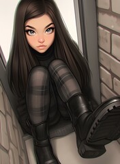 a cute girl with clear eyes sitting on a window frame. digital art style, illustration painting, anime aesthetic. generative AI
