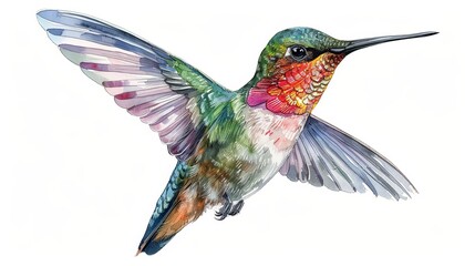 Hummingbird in flight exotic multicolor design isolated on white.