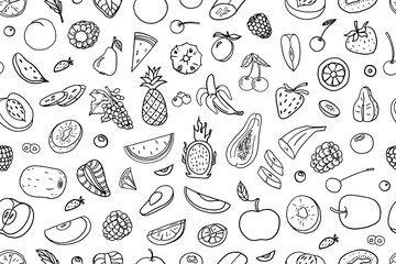 Seamless pattern of fruits and berries in doodle style. Pineapple, strawberry, papaya, avocado, orange, lemon, banana, apple, pear, watermelon, kiwi, cherry and other. Vector illustration. Hand drawn