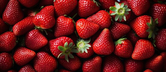 Pile of Fresh Strawberries with Green Leaves