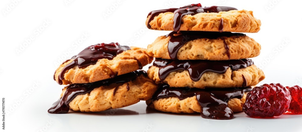 Poster stack of cookies with chocolate sauce and raspberrys