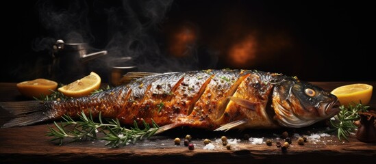 A flavorful fish dish with lemon and seasonings on a wooden board