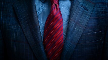 Elegant navy suit jacket with a vibrant red and burgundy striped tie cast against a moody, dark textured backdrop reflecting refined sophistication. - obrazy, fototapety, plakaty