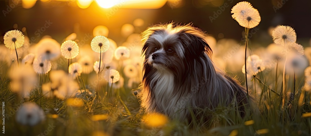 Canvas Prints Dog amidst dandelions in sunset