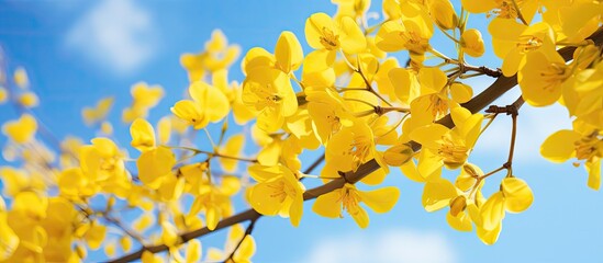 Yellow flowers bloom on tree under blue sky